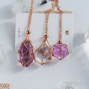 REIKI CRYSTAL Rose Quartz Net Metal Bamboo Necklace Woven Pendant Natural Crystal Raw Stone Adjustable Chain Rose Golden Color Home Decoration Amethyst