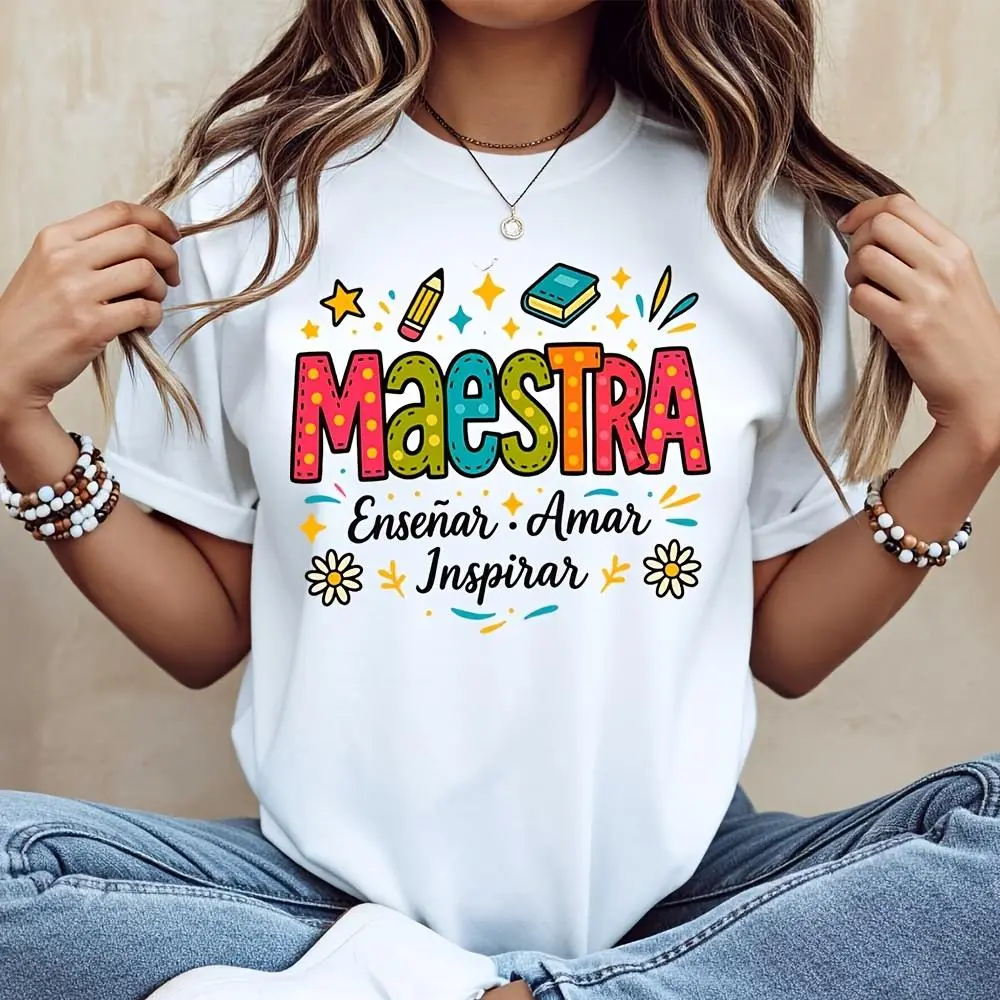 Colorful Maestra Teach Love Inspire Print, T-Shirt, Teacher Appreciation Gift, Back To School Classroom Wear