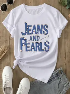 Graphic T-Shirt Featuring Women'S Jeans And Pearls - Comfortable Everyday Tee with a Crew Neck, Made from Soft, Non-Transparent Fabric, Designed for a Curve-Hugging Casual Look to Pair with Jeans And Pearl Additions - Versatile Shirt for All Seasons