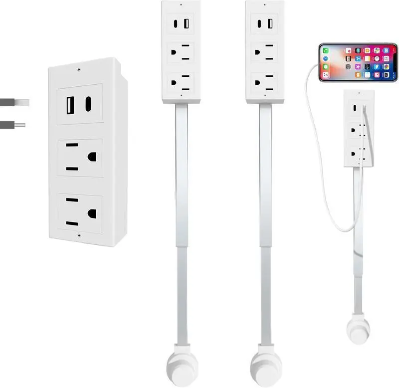 Rotating Wall Outlet Extender – 2 AC + USB-C/A Ports (34" Extension, Wall-Mountable & ETL Certified) | Space-Saving Power Solution for Home & Office,Portable ,easy to use