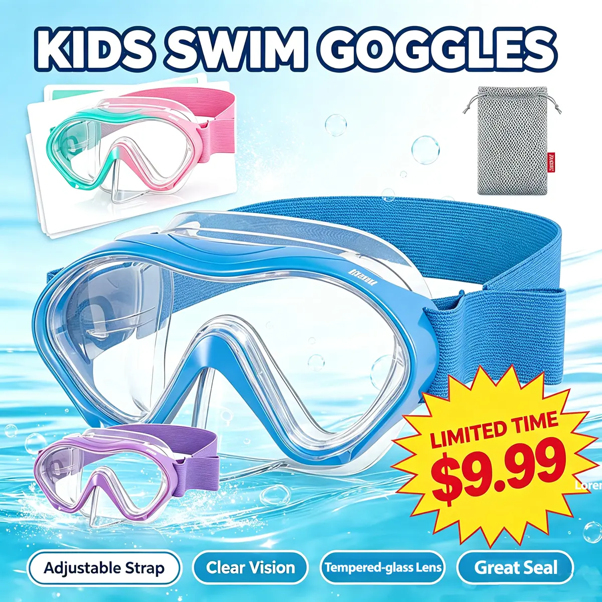 Aegend Kids' Diving Mask - Panoramic Tempered Glass Anti-Fog Lens with Soft Silicone Seal - Adjustable Tangle-Free Knitted Strap