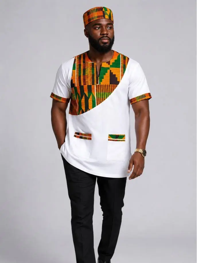 Men's White Crisp Shortsleeve Round Neck African Print Menswear Shirt - Kente Trim Dashiki Top with Matching Cap, Colorful Asymmetrical Fabric Traditional Shirt for Graduations, Church