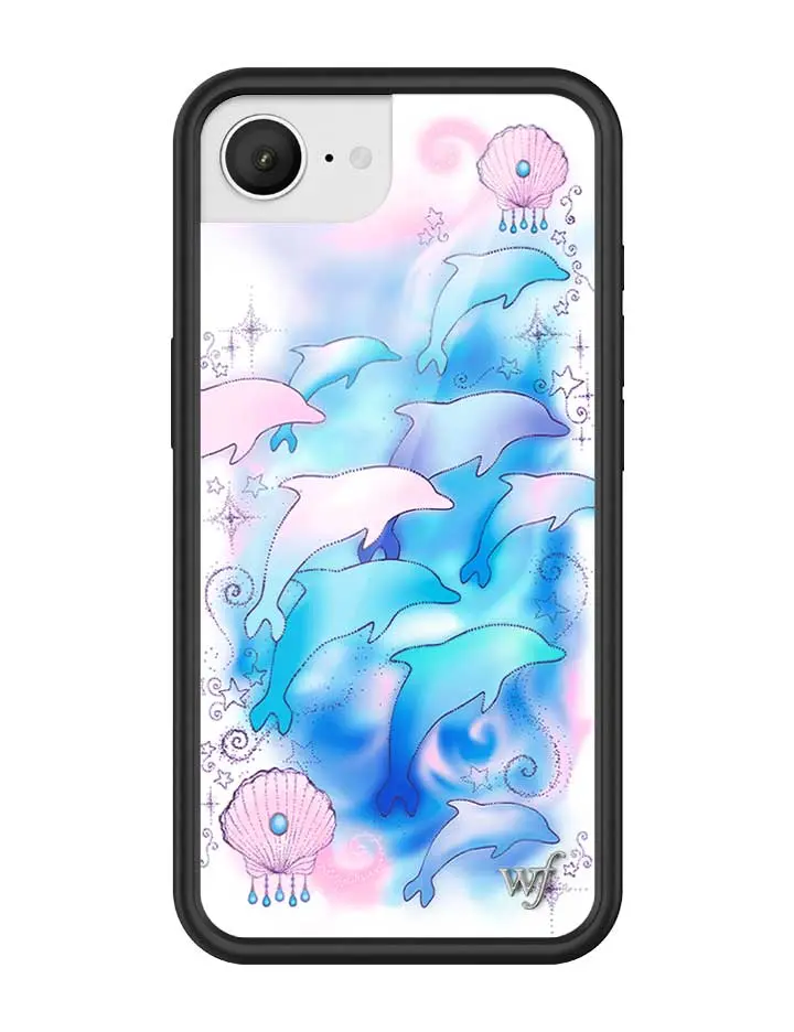 Dolphin Dreams | Limited Edition Trendy Collab iPhone Case | Raised Protective Black Bumper | Women Owned Small Business | Vibrant Pink Blue Splash Purple Dolphins Pink Clams Blue Pearls | Safety Casing Protective | Gift for Her