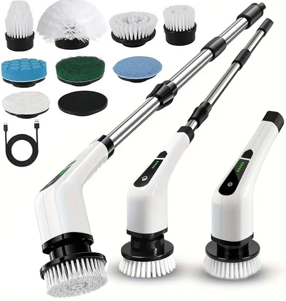 Electric Spin Scrubber,Cordless Shower Scrubber with IPX7 Waterproof,Electric Cleaning Brush,Multi-Surface Use,Long Battery Life,3 Extendable Handle,2 Adjustable Speed,8 Replaceable Brush Heads,Multi-Purpose Cleaning Kit for Bathroom/Kitchen/Car