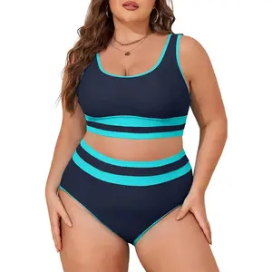 Womens Plus Size Bikini Sets High Waisted Scoop Neck Bahting Suits Two Piece Color Block Swimsuits(1X-5X)