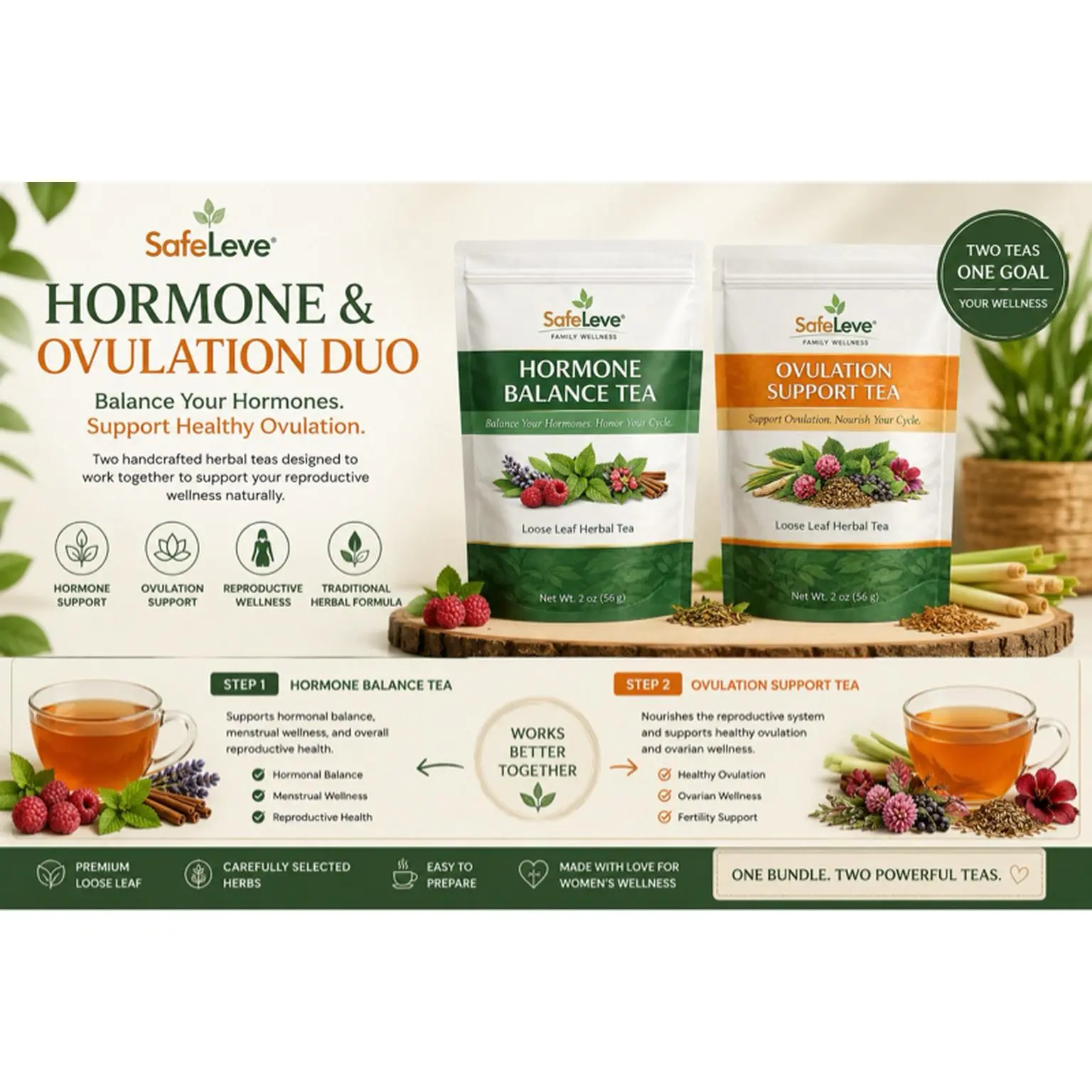 SafeLeve Hormone & Ovulation Duo Tea Bundle - Supports Healthy Ovulation & Hormonal Balance - 2 Teas in 1 Goal for Women's Wellness