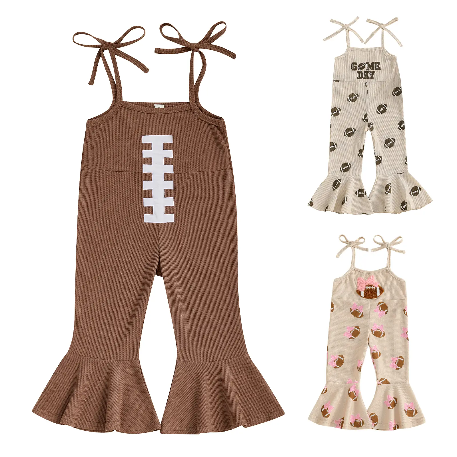 REDWOON Toddler Girl Bell Bottom Jumpsuit Game Day Embroidery Football Print Romper Baby Spaghetti Straps Overalls Flare Pant Kid Playsuit