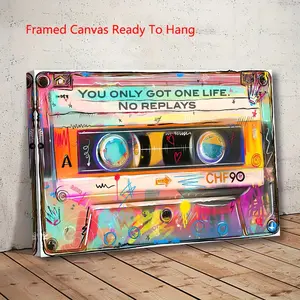 Vintage 80s Tape Art Painting, 1 Piece Wooden Framed Canvas Wall Art - "Life is Only Once" Slogan, Colorful Abstract Music Poster, Suitable for Living Room, Bedroom, Office, Cafe Home Decoration |   Ideal gift, fun art piece |   Modern large-size canvas p