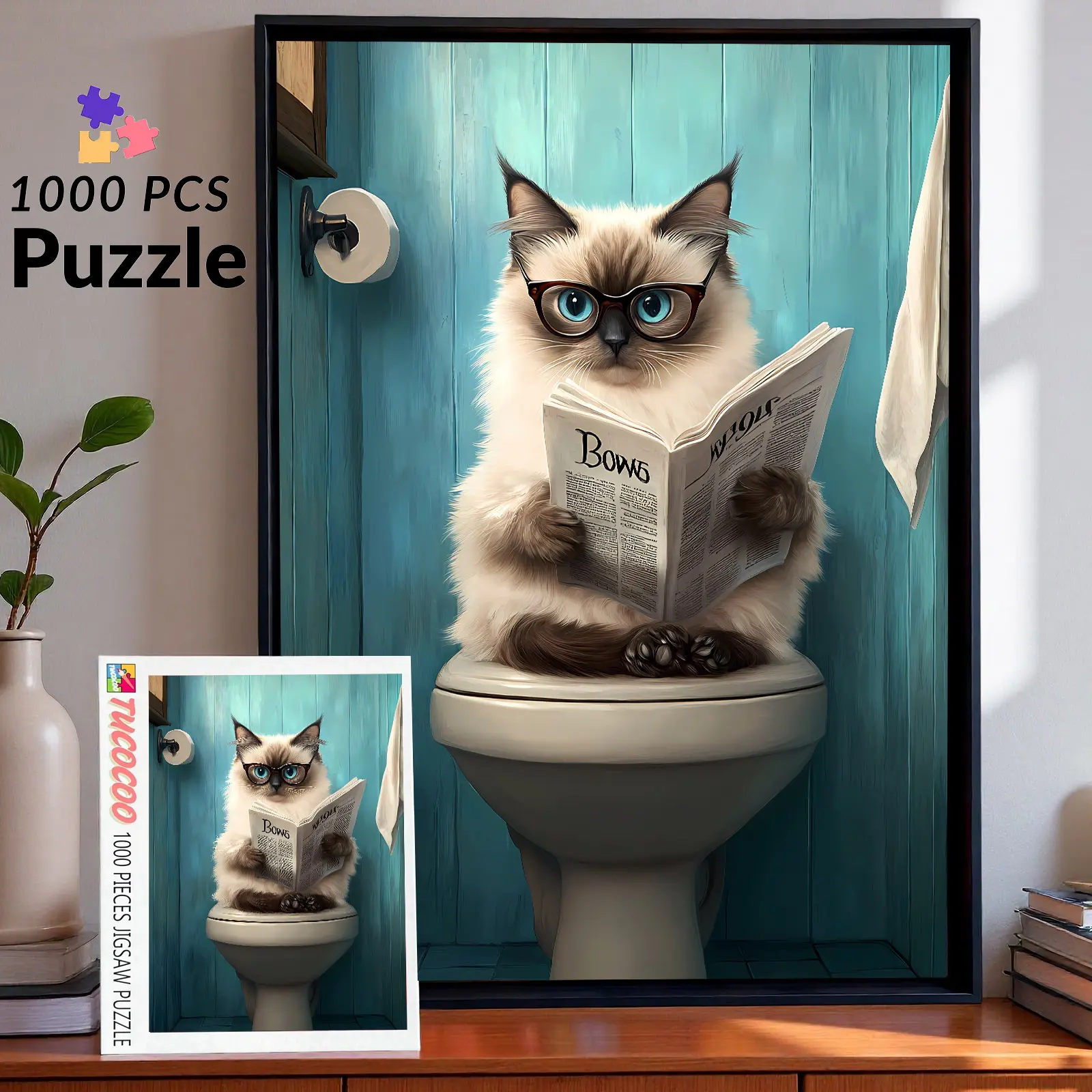 Tucocoo 1000-Piece Engaging Fun Jigsaw Puzzle - Funny Cat Reading Newspaper Humorous Animal Art, Puzzles for Adults Brain Challenge, 27.5 x 20 inches (70 x 50 cm) Family Gift