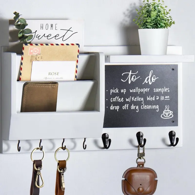 Key Holder for Wall - Mail Holder Organizer Wall Mount with Shelf - Hanging Key Rack Hanger with Hooks Decorative for Home Coat Letter Dog Leash Entryway Living Room Decor