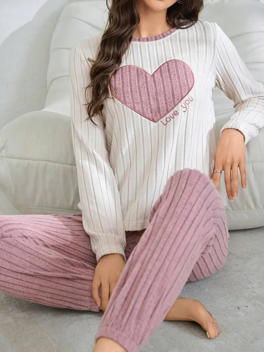 2-Piece Heart Embroidery Fleece Pajama Set Dusty Pink