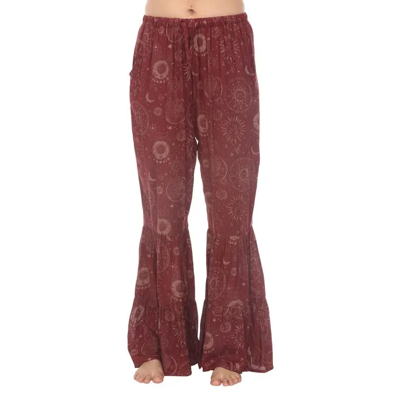 Flowy Tiered Ruffle Pants - Boho Wide-Leg Comfortable Layered Design for Yoga Dance & Festivals in Maroon Color
