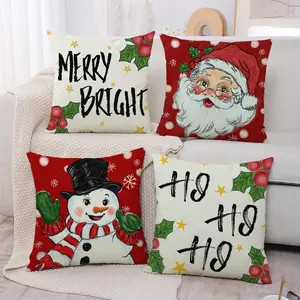 Christmas Themed Pillow Case, 4 Counts/set Santa Claus & Snowman Pattern Square Pillow Cover without Filler, Home Decor for Living Room Bedroom
