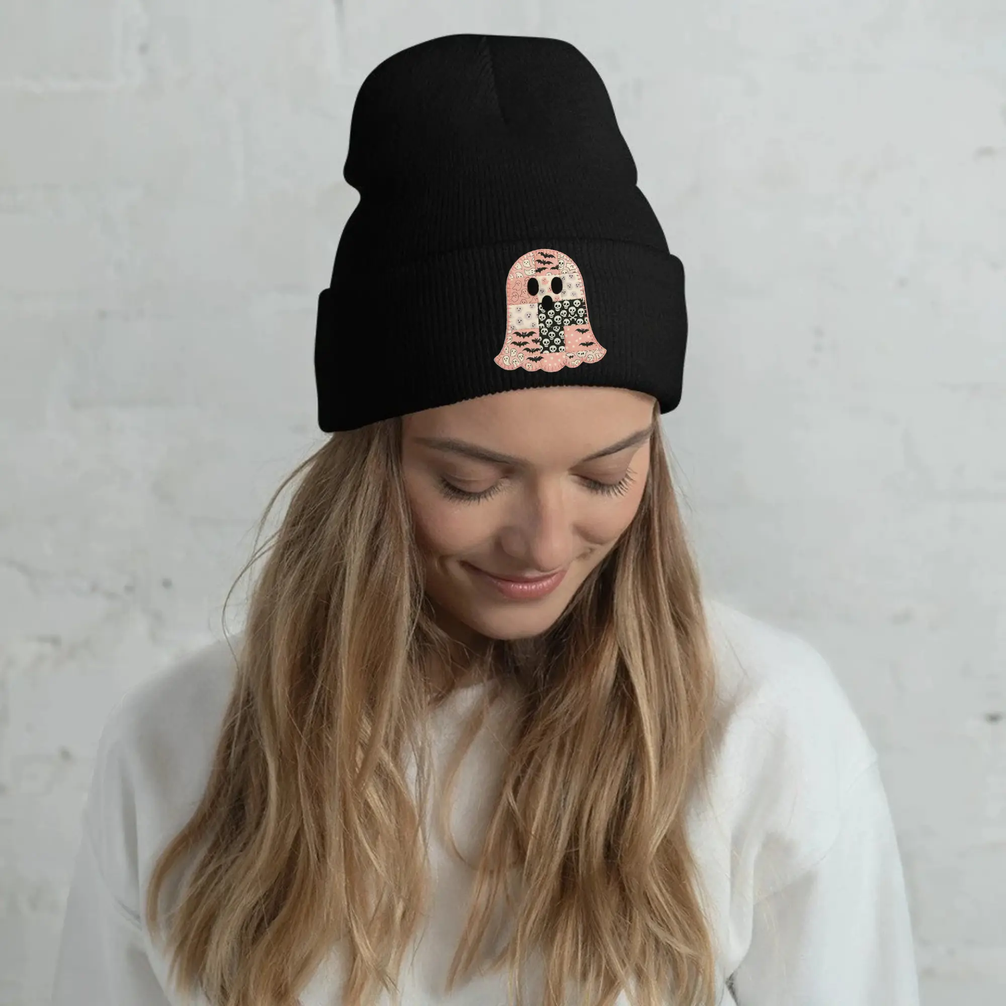 Halloween Patchwork Ghost Beanie - Cute Knit Winter Hat for Men & Women | Cozy Streetwear Aesthetic Skull Cap, Machine Washable