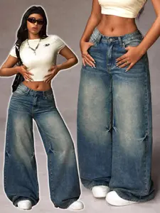 Women's Y2K Hot Girl Style High-Waisted Wide-Leg Jeans, Vintage Distressed Denim Long Pants for Street Casual Wear