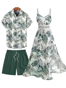 DRESSLILY 2026 Vacation Couple Outfit Wpmen's Hibiscus Floral Leaf Pattern Geometric Lace Panel Hollow Out Long Dress & Men's Short Sleeve Button Up Shirt and Drawstring Beach Shorts Matching Outfit