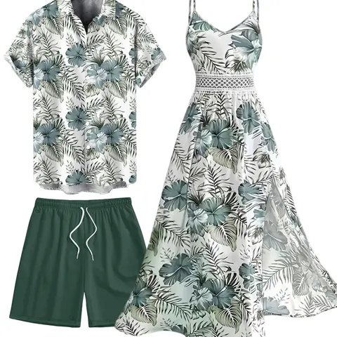 DRESSLILY 2026 Vacation Couple Outfit Wpmen's Hibiscus Floral Leaf Pattern Geometric Lace Panel Hollow Out Long Dress & Men's Short Sleeve Button Up Shirt and Drawstring Beach Shorts Matching Outfit