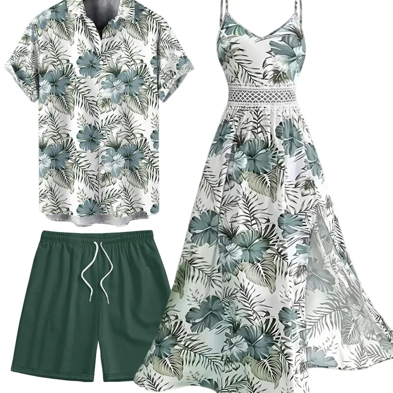 DRESSLILY 2026 Vacation Couple Outfit Wpmen's Hibiscus Floral Leaf Pattern Geometric Lace Panel Hollow Out Long Dress & Men's Short Sleeve Button Up Shirt and Drawstring Beach Shorts Matching Outfit