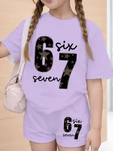 Girl's Six Seven Leopard Print Five-Point Star Number 67 T-Shirt and Shorts Set, Casual Summer for Kids, Fitted All Seasons Wear, Casual Fashion Set