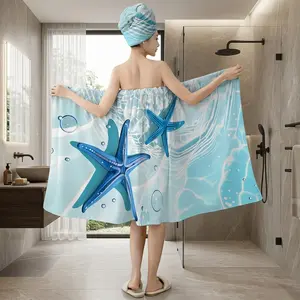 Nautical Starfish Bath Wrap Towel Set, Plus Size M-XXXXL Non-Slip Shower Skirt with Matching Turban, Quick-Dry Absorbent Towel Wrap for Women, Ideal for Spa & Travel