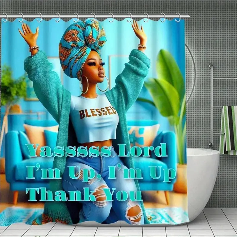 1/4pc African American Women's Pattern Bathroom Accessories, Bathroom Decoration Accessories, including shower curtain, toilet U-shaped mat, bathroom mat, and toilet seat cover, comes with 12 shower curtain hooks