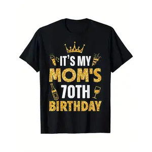 [100% Cotton] 100% Cotton70th Birthday Party T-Shirt - It's My Mom's Birthday - Black Shirt with Golden Glitter Text - Funny Mom Gift Idea - Birthday Celebration Apparel for Women - Machine Washable Adult Casual Tee, Cel, Outdoor Clothing | All-Season Cas