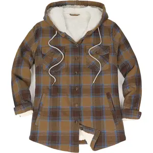 Women's Sherpa Lined Plaid Flannel Jacket Button Down Hooded Flannel Shirt Jacket Warm Sherpa Lining