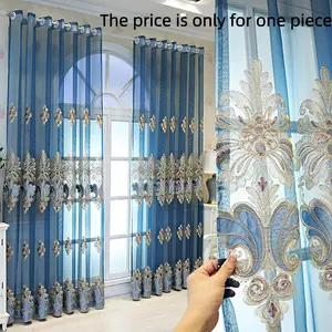 1PC Luxury Embroidered Window Curtain, Elegant Blue Sheer Drapery for Living Room Balcony, Sunscreen Privacy Shade for Bedroom