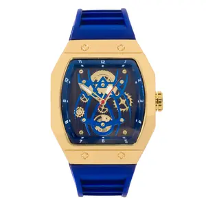 Men's 41mm Blue Tonneau Skeleton Dial Watch – Adjustable Silicone Band, Quartz Movement