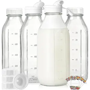 THE WELL KEPT 4 Pack 1 Liter (32 Oz) Glass Milk Bottles With Scale, 100% Airtight Heavy Duty Screw Lids, and 2 Pour Spouts-For Milk, Honey, Jam, Creamer-Dishwasher Safe (Extra 2 Lids Included) Silicone Beverage