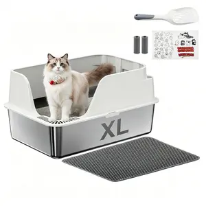 Ellenpent XL Cat Litter Box Stainless Steel 36L with Lid,  Extra-Large High-Sided Litter Boxes,Anti-Urine Leakage, Include Cat Mat & Litter Scoop, Never Absorbs Odors, Easy Cleaning, Non-Sticky,Cat Litter Box#Summervibes