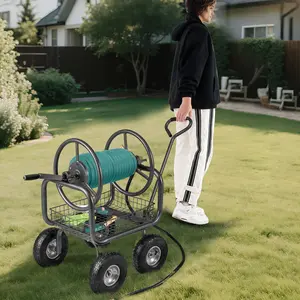 COSTWAY - Garden Hose Reel Cart 300 Feet Large Capacity with 4 Wheels and Storage Basket-Gray