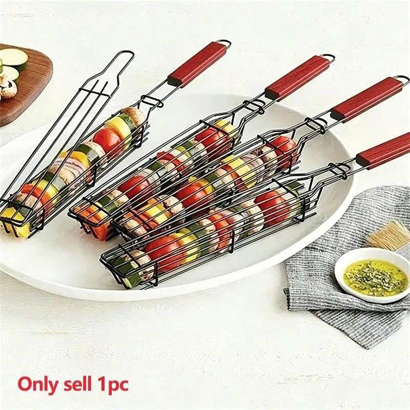 Single Card Basket BBQ Grill, Non-Stick Long Handle Barbecue Rack, Meat Skewer Grilling Box Tool, for Fish Vegetables Shrimp Seafood, Barbecue Utensils, BBQ Tools, Barbecue Accessories