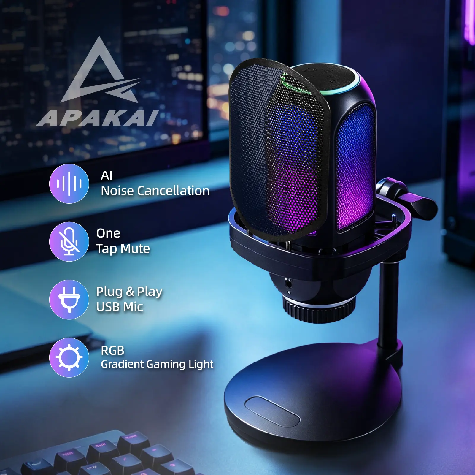 APAKAI 001 Wired USB Type-C Dynamic RGB Gaming Microphone with 3.5mm Jack, Box, Cable, 1-Touch Recording, Easy Sound Control, 1-Tap Mute, Mount Adapter for PC, PS4/PS5, Mobile (Live Streaming/Podcasting Equipment)