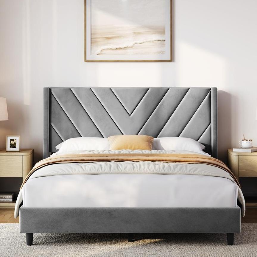 Yaheetech Upholstered Bed Frame Full/Queen with Wooden Slat Support, No Box Spring Needed, Durable Construction, Easy Assembly Diamond Tufted Headboard