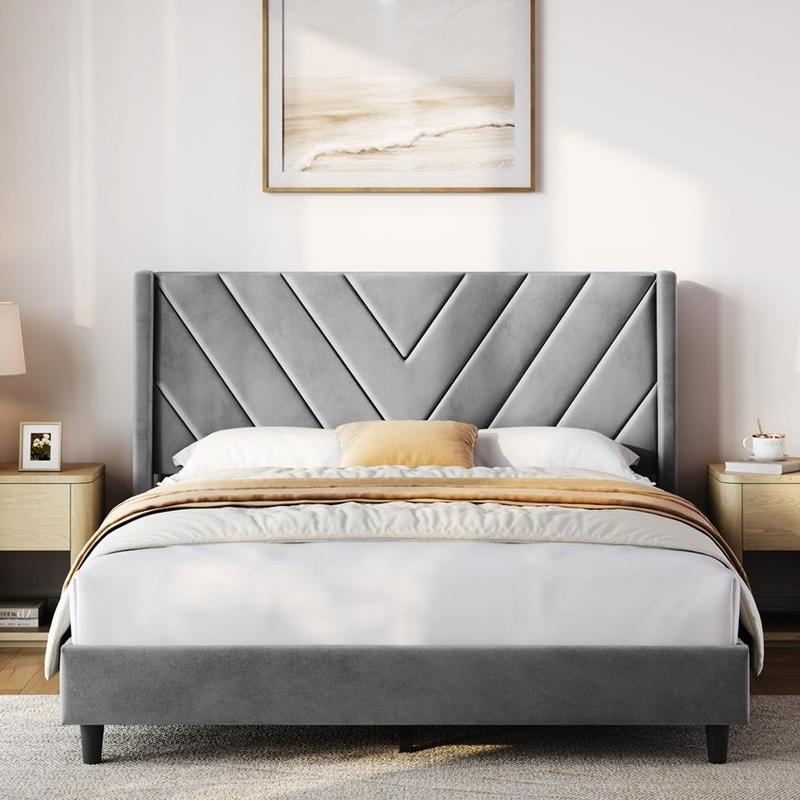 【Valentine Gift】Yaheetech Upholstered Bed Frame Full/Queen with Wooden Slat Support, No Box Spring Needed, Durable Construction, Easy Assembly Diamond Tufted Headboard