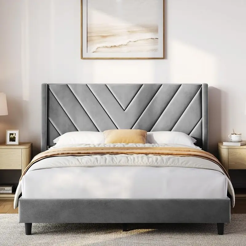 【Valentine Gift】Yaheetech Upholstered Bed Frame Full/Queen with Wooden Slat Support, No Box Spring Needed, Durable Construction, Easy Assembly Diamond Tufted Headboard