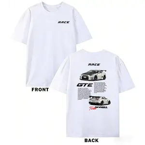 Men's trendy car graphic T-shirt, racing element print T-shirt, loose-fitting street style summer short-sleeved top, suitable for car enthusiasts' casual wear, slightly dropped shoulder crew neck T-shirt.