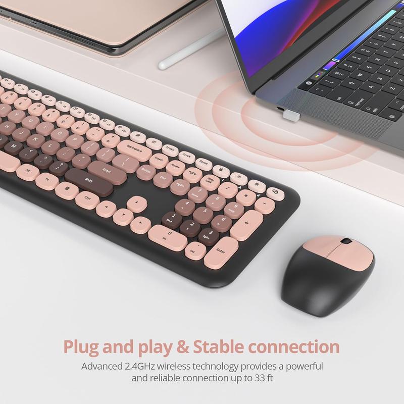 Cute Colorful Keyboard and   Silent, Full-Size Retro Typewriter  Quiet Black and Pink Keyboard Low-Noise 2.4GHz for Computer, Desktop, Laptop(6-Heimei)