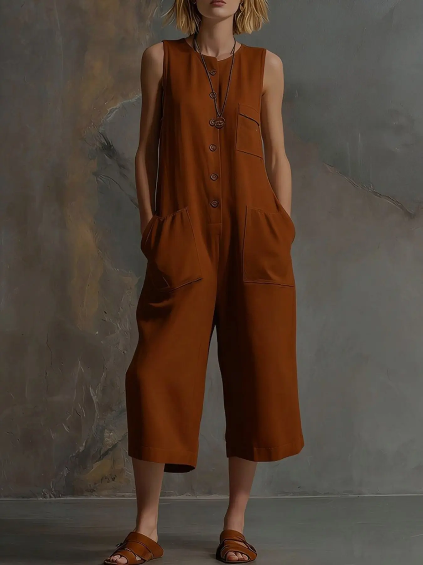 Vintage Hong Kong Style Round Neck Sleeveless Button Fit Romper Overall, Lazy Wide Leg Mid-Length Pants, Elegant Commuter, Retro Fashion, Button Down Romper