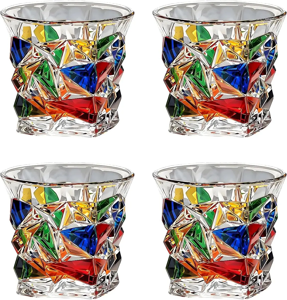 Decorative Glass Tumblers with Colorful Geometric Pattern, Set of 4, BPA Free, Hand Wash Only Holiday Entertaining Thick