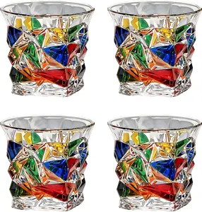 Decorative Glass Tumblers with Colorful Geometric Pattern, Set of 4, BPA Free, Hand Wash Only