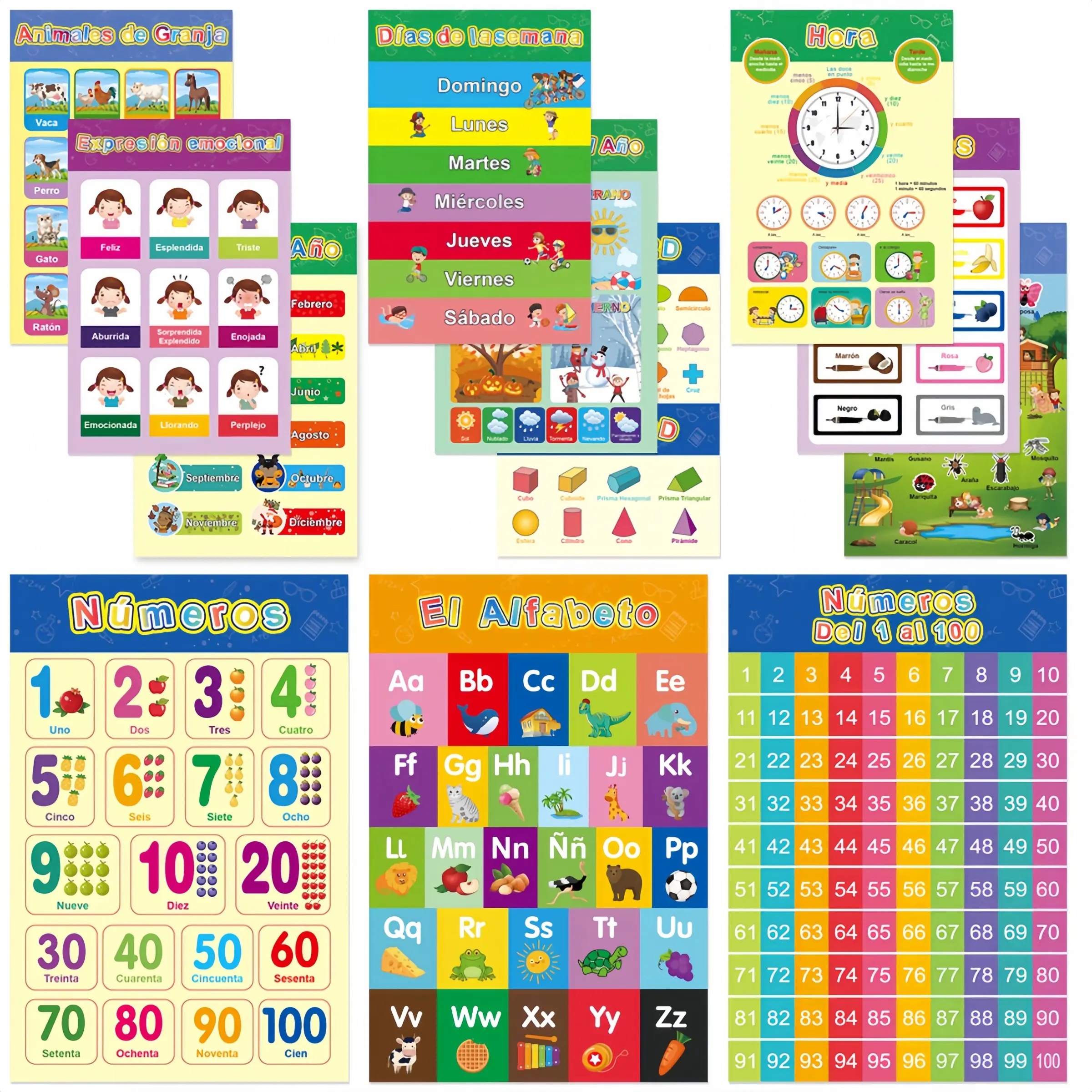 Spanish Learning Posters Set, 16pcs/set Educational Wall Charts for Kids, Classroom Supplies Charts, Teaching Supplies, Alphabet Learning Chart, Cognitive Fruits Colors Animals Body, Home & Classroom Decor, Preschool Learning Materials