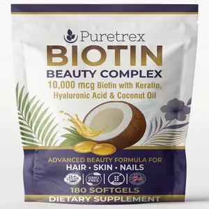 PURETREX Biotin Beauty Complex – 10,000 mcg Biotin with Keratin, Hyaluronic Acid & Coconut Oil | Hair, Skin & Nail Vitamins for Stronger, Healthier Growth