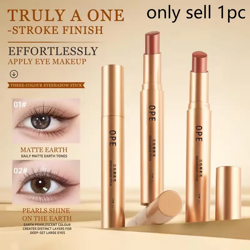 All-in-one eyeshadow stick with three shades, matte and shimmer finishes. Creamy texture is blendable and long-lasting, perfect for creating both natural daily and bold party eye makeup.