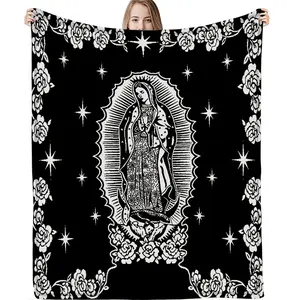 Our Lady of Guadalupe Black & White Roses Flannel Blanket Chicano Gothic Mexican Heritage Cozy Throw for Spiritual Cultural Fans