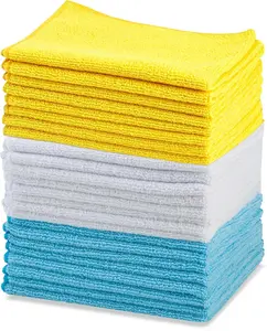 Microfiber Cleaning Cloths, Lint Free, Absorbent, Streak Free, Non-Abrasive, Reusable and Washable, Pack of 24, Blue/White/Yellow, 16" x 12" Vinyl