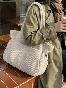 Women's Casual Plain Large Capacity Shoulder Bag, Lightweight Daily Handbag, Commuter Laptop Bag, Fall Winter Corduroy Women's Bag, Crossbody Tote Bag