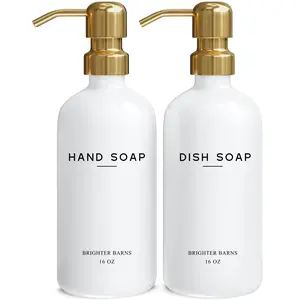 Luxury Glass Hand and Dish Soap Dispenser Set by Brighter Barns - Kitchen Soap Dispenser Set & Stainless Steel Pump - Gold Soap Dispenser for Kitchen Sink - White and Gold Kitchen Accessories (Gold)
