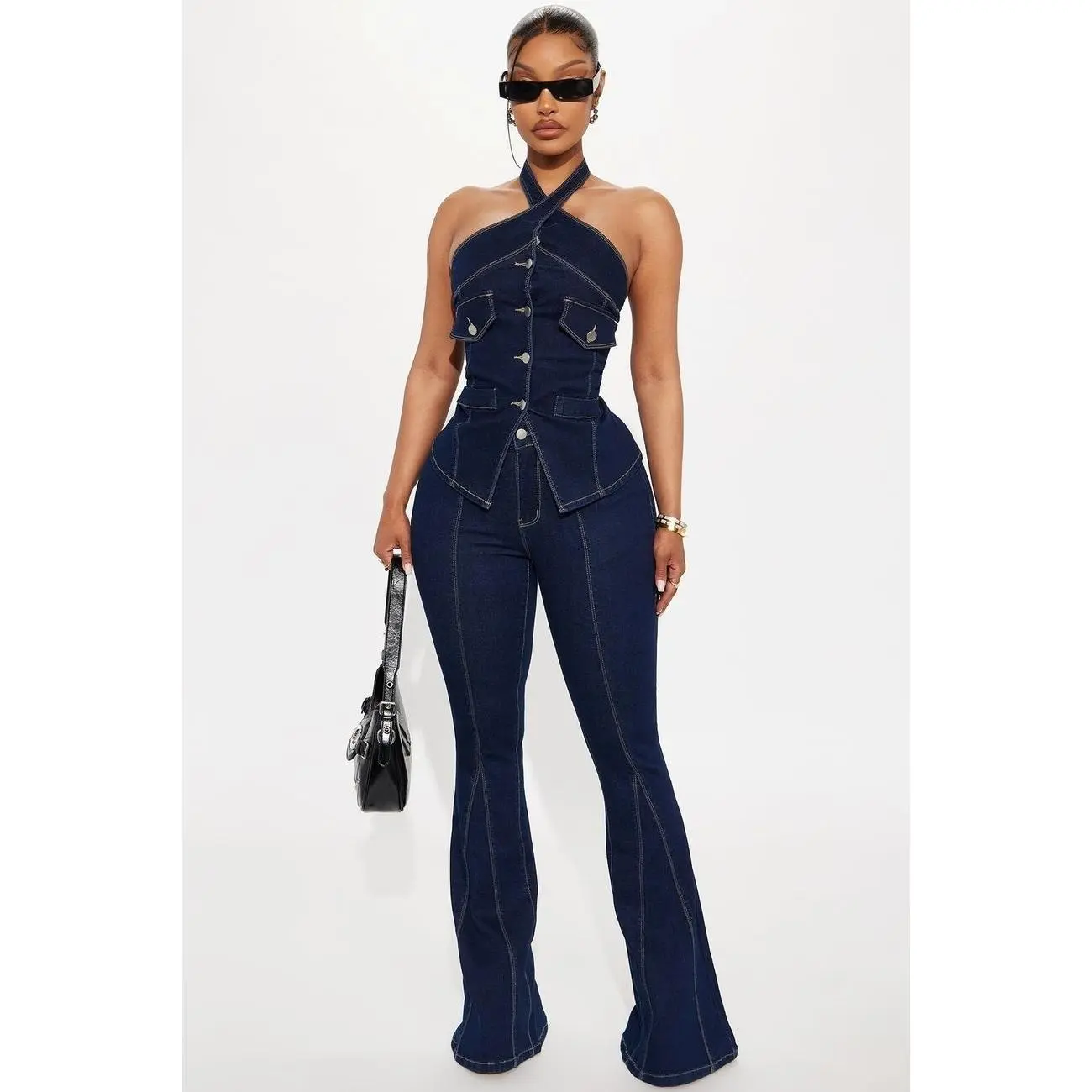 Esmeralda Denim Flare Pant Set-Dark Denim